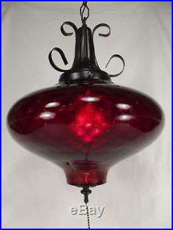 Red Swag Lamp Rare Ruby Red Glass Hanging Vintage Mid Century