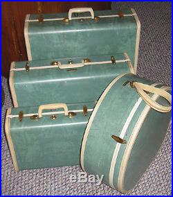 Vintage Samsonite Luggage Set Hat Train Case Teal & Cream 1940&#39;s 1950&#39;s