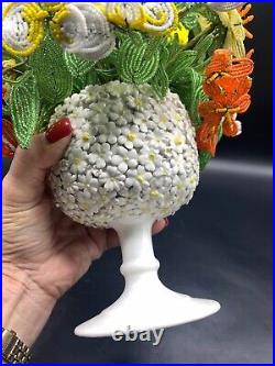 12 1/2 Tall French Beaded Flower Arrangement- Italy Ceramic Base-bonwit Teller