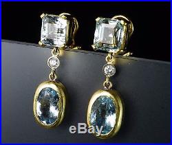 14 & 18K Yellow Gold Diamond Aquamarine Aqua Vintage Mid-Century Retro Earrings