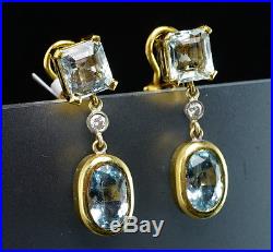 14 & 18K Yellow Gold Diamond Aquamarine Aqua Vintage Mid-Century Retro Earrings