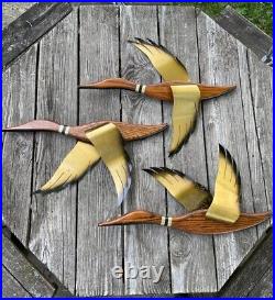 1950's Vintage Flying Birds Wall Art Decor MCM Ducks Teak & Brass Set of Three