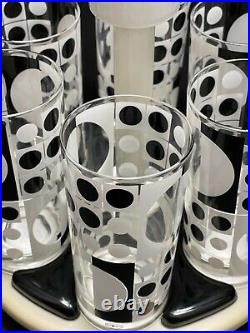 1960 Op- Art Set Of 6 Bartrix Black & White Highball Glasses With Vinyl Caddy