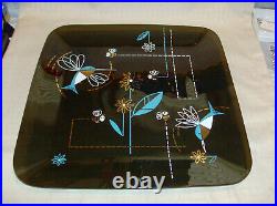 1960's Mid Century Modern Black Smoked Glass Hummingbirds & Bees Plate 14 EUC