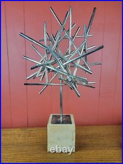 1960s Metal Abstract Starburst Decor On Wooden Base No Signature 24