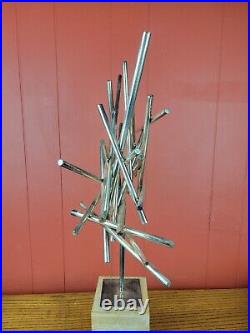 1960s Metal Abstract Starburst Decor On Wooden Base No Signature 24