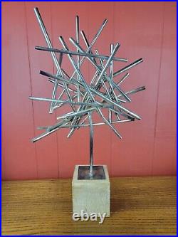 1960s Metal Abstract Starburst Decor On Wooden Base No Signature 24