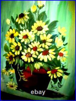 1960s OIL PAINTING DAISIES WOOD GILT FRAME RETRO SIGNED GREAT COLORS MID CENTURY