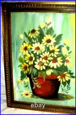 1960s OIL PAINTING DAISIES WOOD GILT FRAME RETRO SIGNED GREAT COLORS MID CENTURY