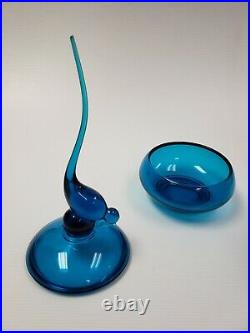 1970's Viking Glass Bluenique Blue Covered Candy Dish with Long Tailed Bird & Lid