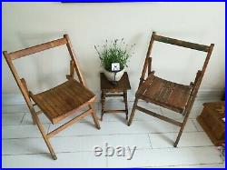 2 Folding Chairs Vintage Mid Century Wood Industrial Retro Old Prop Cafe Garden