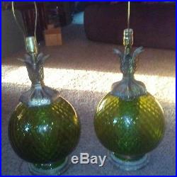 2 Matching Vintage Round Green Glass Globe Lamp Light Mid Century Retro
