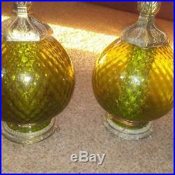 2 Matching Vintage Round Green Glass Globe Lamp Light Mid Century Retro