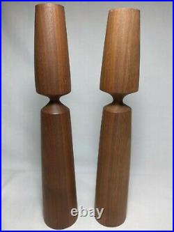 2 Mid-Century-Modern Danish Wooden Teak Candlesticks Candle Holders 9.75