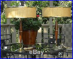 (2) Pair 1960s DANISH MODERN Mid-Century TEAK Table Lamps GRASSCLOTH DRUM SHADES