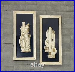 2 Vintage Mid Century Modern Modernism Framed Wall Art 60s Abstract Guitar Vase