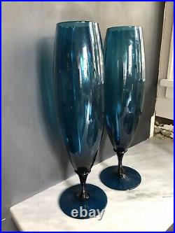 2 Vintage Mid Century blown Glass Huge Tall pedestal Vase vases MCM blue Empoli