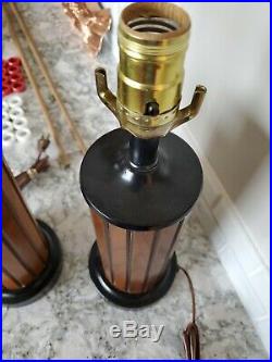 2 matching Mid Century Modern Table Lamp walnut Wood Black Steel Retro Vintage