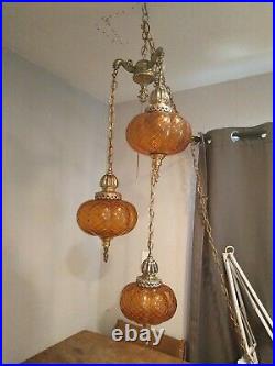 3 Amber Glass Globe Swag Light Mid Century Retro