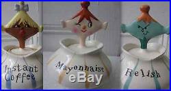 3 HOLT HOWARD Instant Coffee, Relish & Mayonnaise PIXIEWARE PIXIE Jars Spoons