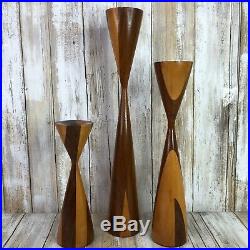 3 Mid Century Danish Modern Wooden Candle Sticks Vintage Two Toned Brown Vintage