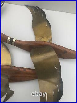 3 Vintage Masketeers Flying Geese Ducks Wall Art Mid Century Modern Wood Brass