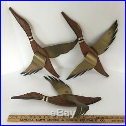 3 Vintage Masketeers Flying Geese Ducks Wall Art Modern Wood Brass Mid Century