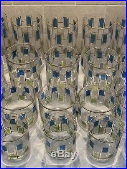 30 Vtg Mid Century Retro Green Blue Squares Drinking Glass Tumbler Bar Nordic