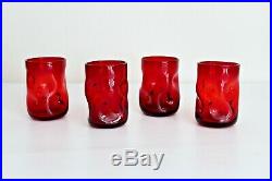 4 Blenko Vtg Mid Century Modern Red Pinch Tumbler Drinking Art Glasses Retro 4