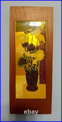4 Floral Still Life Enamel on Copper Art Plaques Mid-Century Modern on Wood BOHO