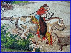 40's Cowboy Western Chuckwagon Scenes Vintage Barkcloth Fabric Mid Century Retro