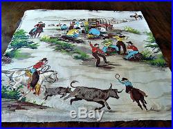40's Cowboy Western Chuckwagon Scenes Vintage Barkcloth Fabric Mid Century Retro