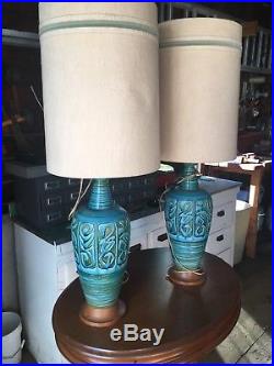 50s 60s Pair Vintage Mid-Century Modern Retro Table Lamps Turquoise blue green