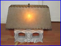 50s Mid Century MCM Grey CERAMIC Lamp withSmokey GREEN Fiberglass SHADE Retro COOL