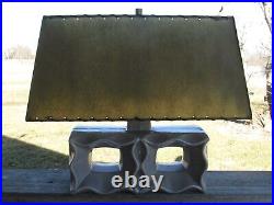 50s Mid Century MCM Grey CERAMIC Lamp withSmokey GREEN Fiberglass SHADE Retro COOL