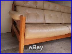 60-70s Retro Ekornes Fawn Real Leather Sofa Settee Vintage Teak Mid-Century