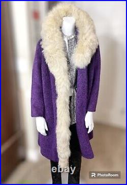 60's MOD COAT with FUR TRIM Rockstar Purple Jacket BOHO HIPPIE GOGO Mid Century S