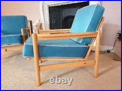 60s 70's Pair of turquoise velvet lounge armchairs. Mid-century, Retro, Vintage