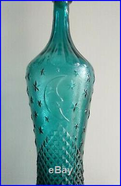 60s 70s Vintage Teal Glass Moon & Stars Genie Bottle Italian Empoli Mid Century