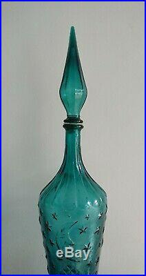 60s 70s Vintage Teal Glass Moon & Stars Genie Bottle Italian Empoli Mid Century