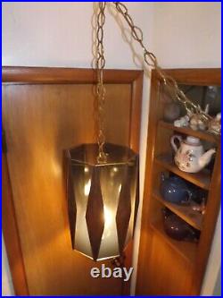 60s Mid Century Danish Diamond Wood Swag Lamp Pendant MCM Hollywood Regency Vtg