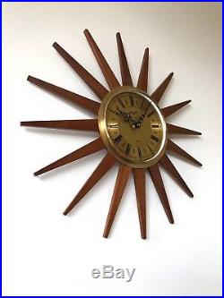 60s Vintage Retro Mid Century Anstey & Wilson teak starburst sunburst wall clock