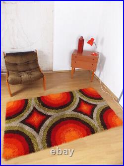 70's Psychedelic red orange yellow high pile wool Rug vintage Mid-Century Rya