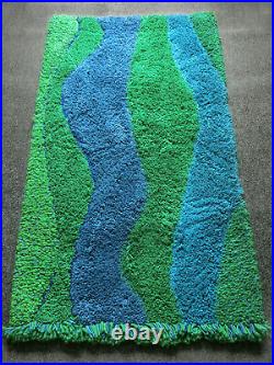 70s Pop Art Wall Hanging Carpet Rug Wool Blue Green Handmade Mid-Century Vintage