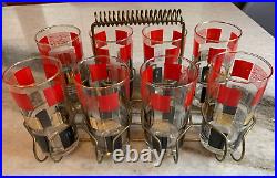 8 Vintage Mid Century Modern MCM ATOMIC Space Age Cocktail Glasses Cup Wire Rack