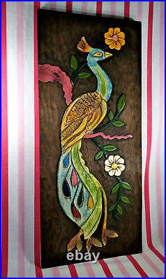 Amazing Mid Century Hand Carved Colorful Peacock Solid Wood Wall Art. 24 x 10