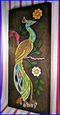 Amazing Mid Century Hand Carved Colorful Peacock Solid Wood Wall Art. 24 x 10