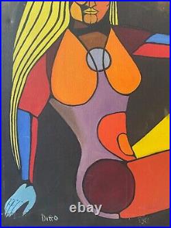 Amazing Mid Century Modern Cubist Diptych Oil Painting, Adam & Eve 1960s, WOW