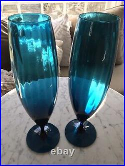 Amazing Pair of Vintage Mid Century Glass teal blue Tall Vase vases Empoli 17