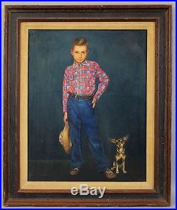 Antique 1940s Realist Illustration Portrait Oil Painting Young Boy Chihuahua Dog